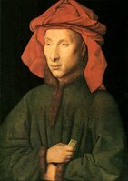 Ян ван Эйк. Портрет Джованни Арнольфини (ок. 1438). Бурреле свёрнуто в жгут и наложено на шаперон сверху, превращая его в подобие островерхого тюрбана
