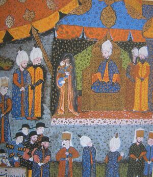 Буда, 1541 год. Сулейман I принимает вдовствующую восточно-венгерскую королеву Изабеллу и её сына Яноша. Турецкая миниатюра XVI века.