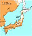 Японский архипелаг в во время последнего ледникового максимума около 20 000 лет назад, тонкая черная линия выделяет современные береговые линии