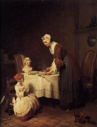 Ж. Б. Шарден «Молитва перед обедом» (женщина в казакине), Франция, первая половина XVIII века.
