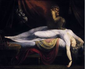 Картина XVIII века «Ночной кошмар», написанная Генрихом Фюссли, на которой, предположительно, изображена галлюцинация во время сонного паралича[1].