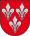 A coat of arms depicting three grey fleurs-de-lis, two directly across from each other at the top and one on the bottom, all on a red background