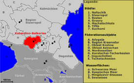 Кабардино-Балкария на карте Северного Кавказа.