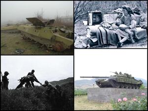 Сверху по часовой стрелке: разбитые азербайджанские бронетранспортёры (2005), внутренне перемещённые лица — азербайджанцы с территорий, перешедших под контроль армян (1993), танк — памятник в Аскеране (2007), армянские солдаты (1994)