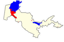 Распространение каракалпакского языка (красный) на территории Узбекистана