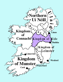 Основные королевства средневековой Ирландии. Красным цветом выделено королевство Миде, около 900 года