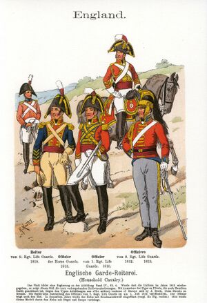 Британские тяжёлые драгуны носили в Магилье красную куртку и черную двууголку, и выглядели похоже на солдата слева. Шлем был принят только в 1813 году[1].