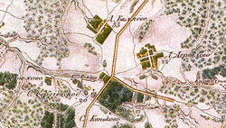 Карта окрестностей Москвы 1823 года. Видны сёла Коньково-Троицкое, Беляево, Деревлёво