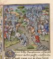 Битва при Креси - миниатюра XV столетия. На английском лучнике слева - нагрудник, пристёгнутый ремнём с пряжкой к горже.