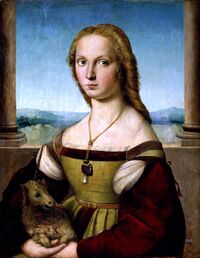 Рафаэль, «Девушка с единорогом», ок. 1505—1506, Галерея Боргезе, Рим. Этот портрет, написанный под влиянием «Моны Лизы»[3], построен по той же иконографической схеме — с балконом (ещё с колоннами) и пейзажем