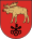 A coat of arms depicting a golden moose with large antlers and a protruding red tongue hovering over three black keys