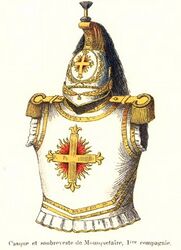 Каска, эполеты и супервест королевских мушкетёров 1-й роты, 1814—1816 годы.