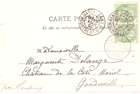 Почтовая карточка, отправленная внутри Франции и франкированная двумя марками из типа Блан (1901)