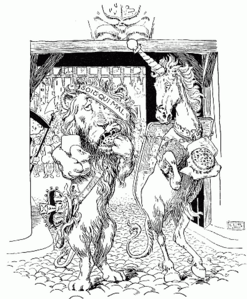 Иллюстрация к «Стихам Матушки Гусыни»: А после их под барабан прогнали за порог