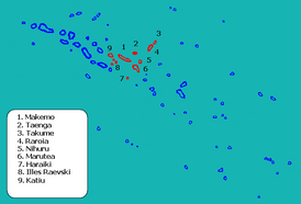 Расположение островов Раевского (обозначены цифрой 8) в архипелаге Туамоту.