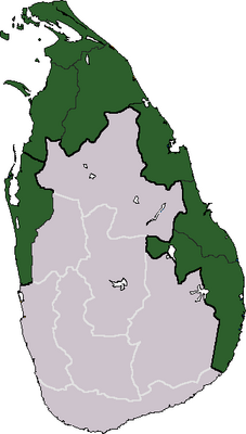 Территория, на которую претендовал Тамил-Илам, на карте Шри-Ланки (зелёным)