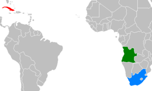 Куба, Ангола и Южная Африка на карте мира.