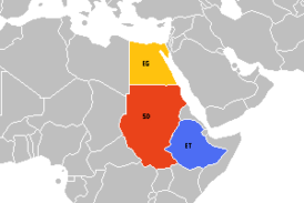 Египет (желтым), Судан (оранжевым) и Эфиопия (синим)