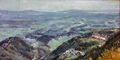 Вид из Дарамкота: Маклеод-Гандж, Нижняя Дармсала и река Биас. Эскиз Альфреда Холлетта, 1980
