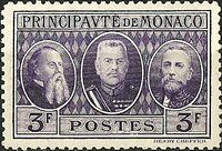 Карл III, Луи II и Альбер I на марке Монако 1928 года выпуска
