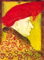 Людовик II Анжуйский. На портрете герцог изображен в модном шапероне, с паттой в форме «петушиного гребня», надо лбом, и бурреле, свитым в жгут