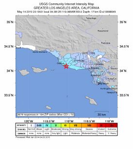 Эпицентр землетрясения к югу от Камарильо 15 мая 2010 года (Снимок USGS)