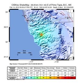 Эпицентр землетрясения к востоку от Примо Тапия 14 января 2010 года (Снимок USGS)