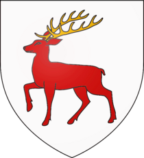 A shield of arms showing a red deer on a white ground