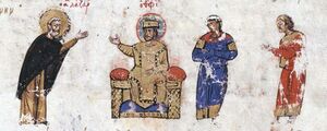 Император Феофил и монах Лазарь (миниатюра из Хроники Иоанна Скилицы)