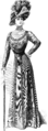 Костюм высокой моды 1909 года имеет узкий силуэт. Лиф прилегает к телу, хотя талия по прежнему скошена, а тулья шляпы высока.