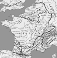 Карта Галлии до полного римского завоевания (около 58 н. э.) и его пять основных регионов: Кельтика, Белгика, Цизальпийская Галлия, Нарбонская Галлия и Аквитания.