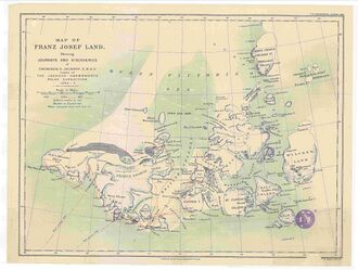 Карта 1898 года, демонстрирующая достижения экспедиции Джексона — Хармсворта. Маршруты исследовательских походов обозначены красным цветом; белым выделены материковые льды и скопления пакового льда