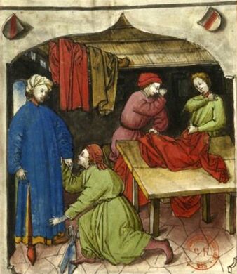 Изготовление и продажа шерстяной одежды. Миниатюра из немецкой рукописи трактата «Tacuinum Sanitalis» Ибн Бутлана. XV век
