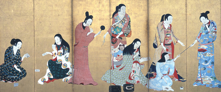 Ношение косодэ как верхней одежды. Обращают на себя внимание в сравнении с кимоно более широкий покрой, узкий оби, подходящий для мужчин и женщин, и короткие рукава. Изображение на ширме бёбу, около 1650 года.