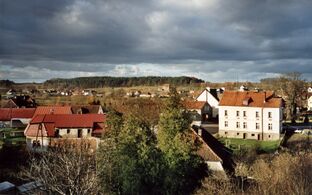 Stadtpanorama, vor dem Fichtenwäldchen das Elektrizitätswerk