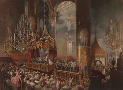 Коронация Александра II в Успенском соборе Московского кремля 26 августа 1856 года (знамя изображено впереди, чуть ниже императора). Картина Михаила Зичи.