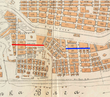 Часть плана Царицына 1909 года. Красным выделена улица Ломоносова, синим — Саратовская