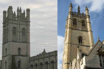 Башня Митчелла (1901-1908) в Чикагском университете (слева) является копией Башни Магдалены (справа) в Оксфордском университете.