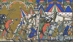 Использование фальшарды в бою. Миниатюра из «Библии Мациевского». 1240—1250-е годы.