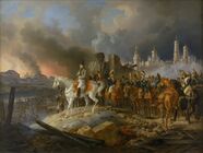 Наполеон со штабом в горящей Москве. Евгений Богарне — верхом, первый справа от Наполеона.