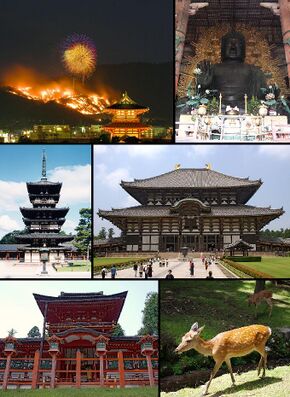 Сверху вниз, слева направо: фейерверк и гора Вакакуса[en], Большой Будда в храме Тодай-дзи, храм Якусидзи, храм Тодай-дзи, Касуга тайся, Парк города Нара