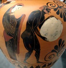 Персефона наблюдает за Сизифом в Тартаре, афинская чернофигурная амфора, ок. 530 до н. э.