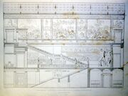 Продольный разрез главной лестницы. Южная стена с росписями Каульбаха. Чертёж 1862 г.