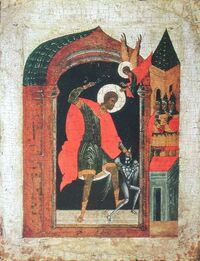 Святой Никита, побивающий беса. Икона первой половины XVI века. Государственная Третьяковская Галерея