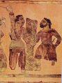Юэчжи (слева) сражается с согдийцем за щитом (справа), ковёр Ноин-Ула, I век до н. э./н. э.[43]