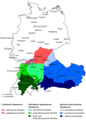 Южнонемецкие диалекты; франкские выделены розовым и красным