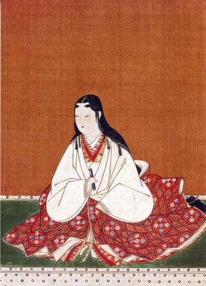 Изображение женщины, сидящей на татами, облачённой в многослойное белое и красное косодэ.