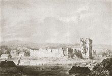 Кревский замок, справа — мощная башня-донжон, известная как Княжеская башня (Н. Орда, XIX век)