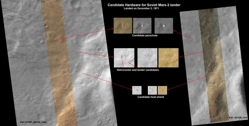 Элементы спускаемого аппарата станции Марс-3. Координаты точки посадки 45° ю. ш. 158° з. д.﻿ / ﻿45° ю. ш. 158° з. д.﻿ / -45; -158 на плоском дне крупного кратера Птолемей (снимки: HiRISE, MRO - Ноябрь 2007/левый и 10 марта 2013/правый).[11]