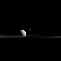 Янус и Тефия (на переднем плане) около колец Сатурна